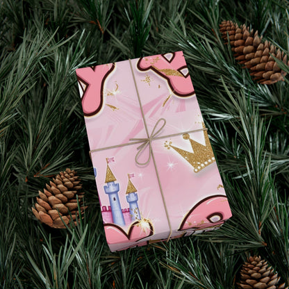 Gift Wrap Papers, Princess-Themed Happy Birthday Wrapping Paper, Pink and Gold Design, Glitter Effect, Castle Illustrations,