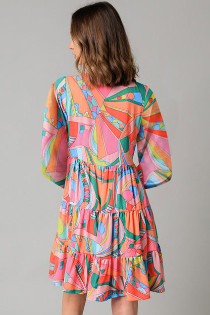 Printed Long Sleeve Tie Neck Mini Dress-VMA Specialties Boutique