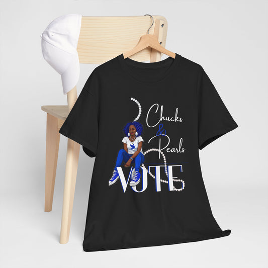 Unisex Heavy Cotton Tee - Chucks & Pearls Royal Blue and White Zeta Inspired Rock the Vote Shirt