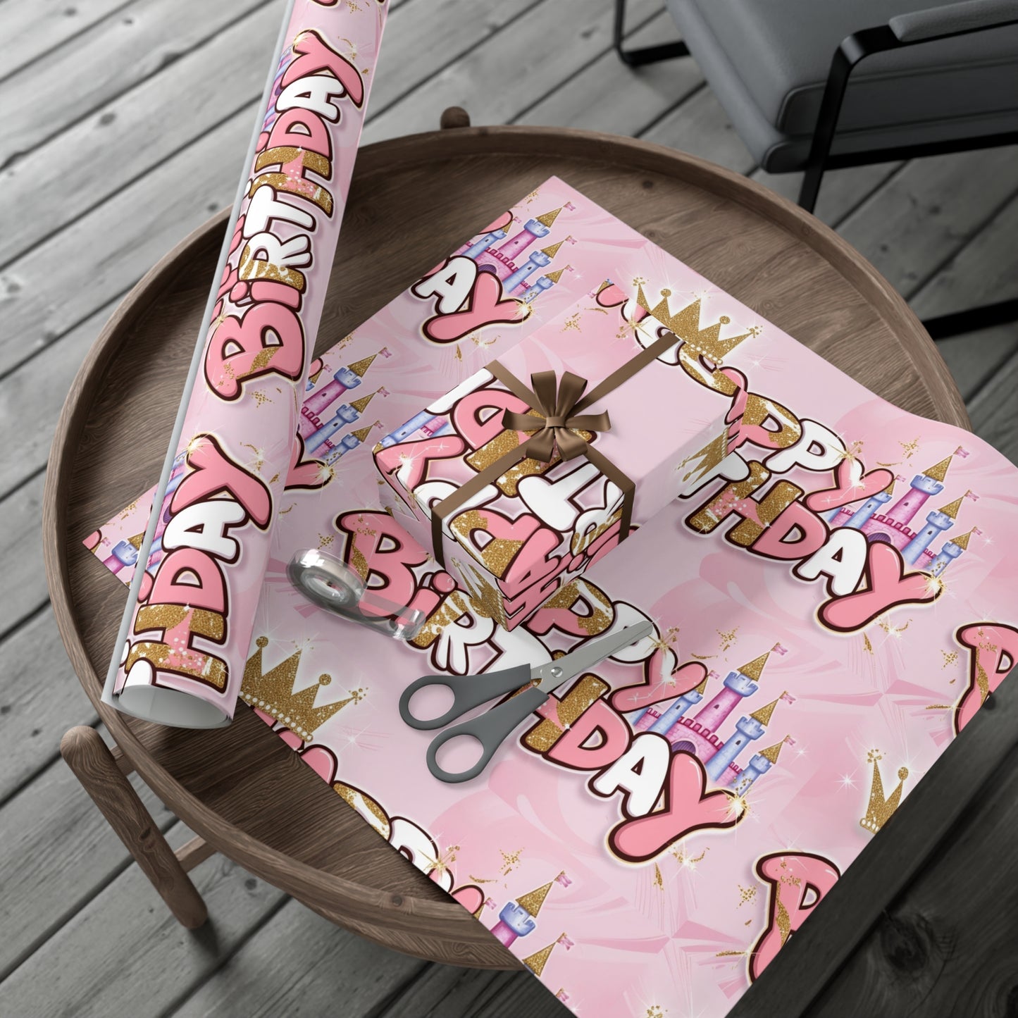 Gift Wrap Papers, Princess-Themed Happy Birthday Wrapping Paper, Pink and Gold Design, Glitter Effect, Castle Illustrations,