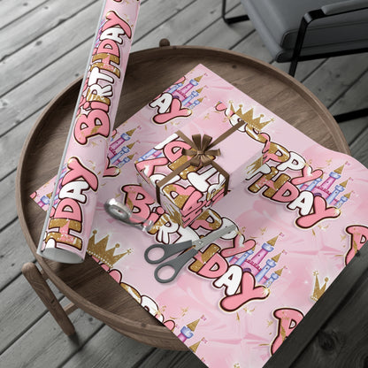 Gift Wrap Papers, Princess-Themed Happy Birthday Wrapping Paper, Pink and Gold Design, Glitter Effect, Castle Illustrations,