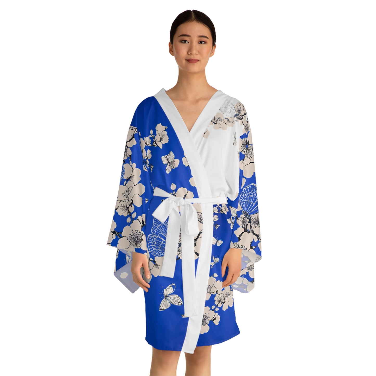 Blue & White Kimono Robe - Cherry Blossom Trees and Butterflies Design