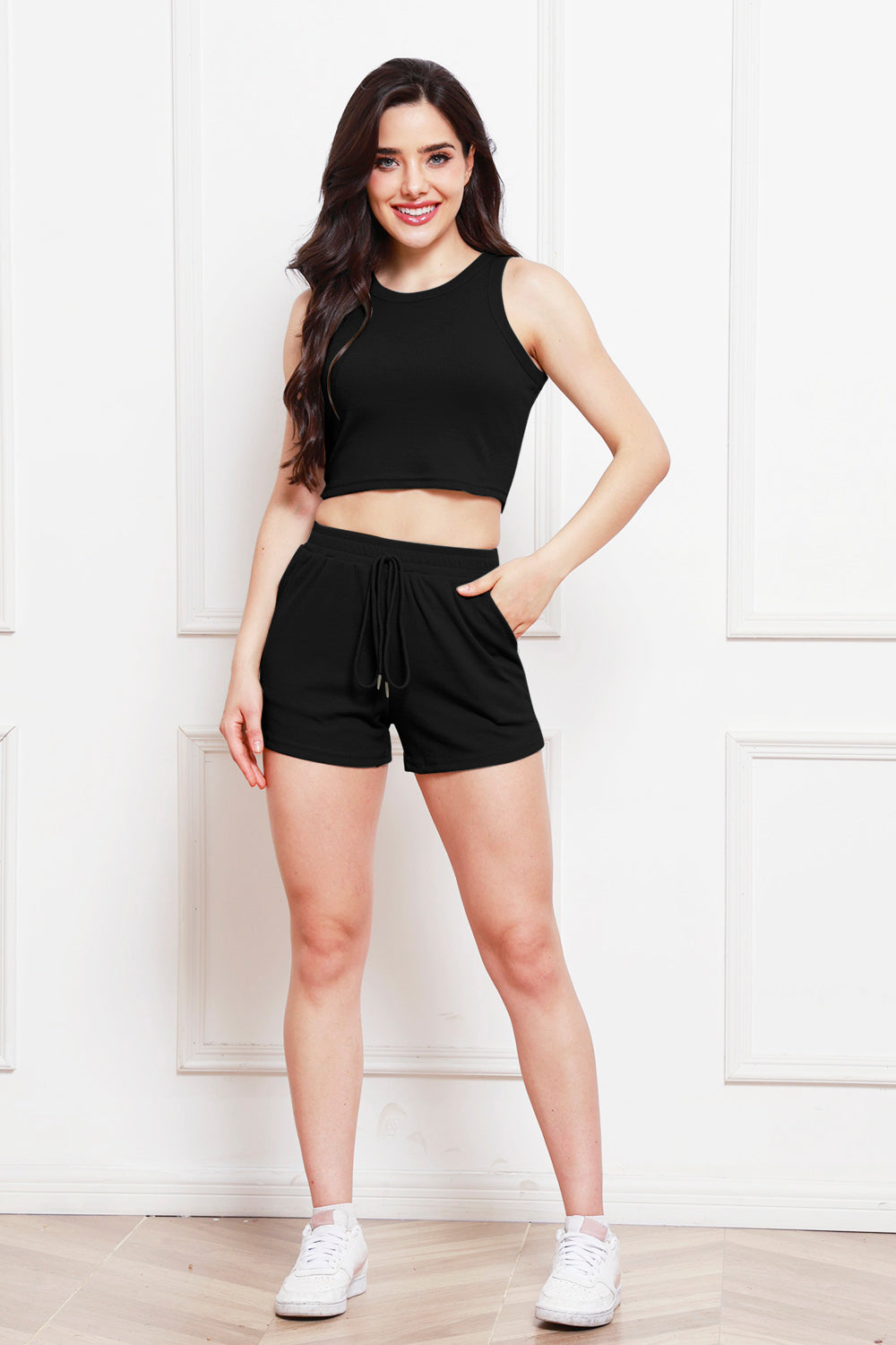 Round Neck Tank and Drawstring Shorts Set-VMA Specialties Boutique