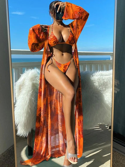 Printed Halter Neck Three-Piece Swim Set-VMA Specialties Boutique