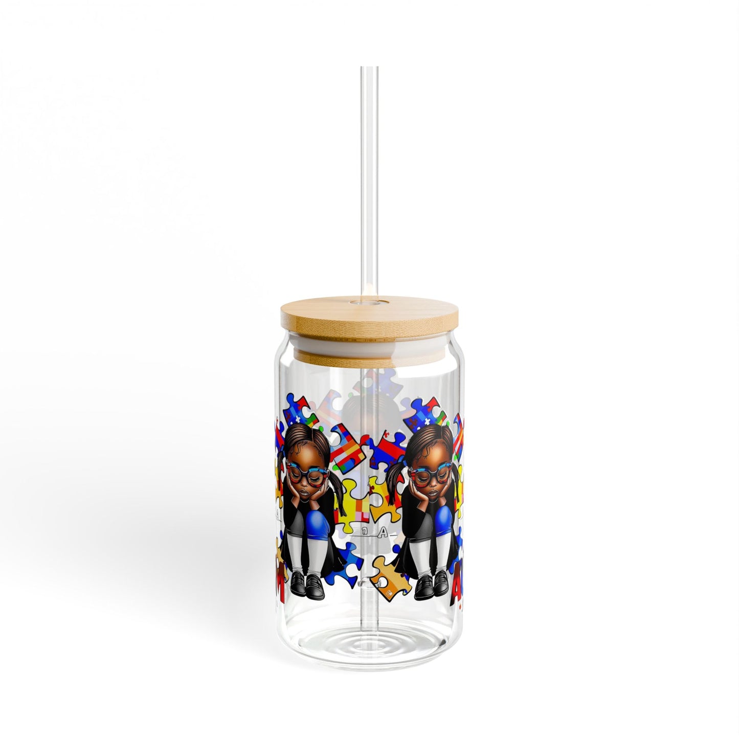 Sipper Glass, 16oz featuring Autism Awareness design - Black girl with puzzle pieces, Autistic Awareness gift, Puzzle pieces
