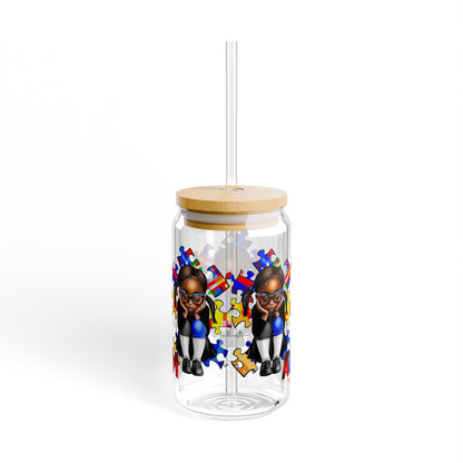 Sipper Glass, 16oz featuring Autism Awareness design - Black girl with puzzle pieces, Autistic Awareness gift, Puzzle pieces