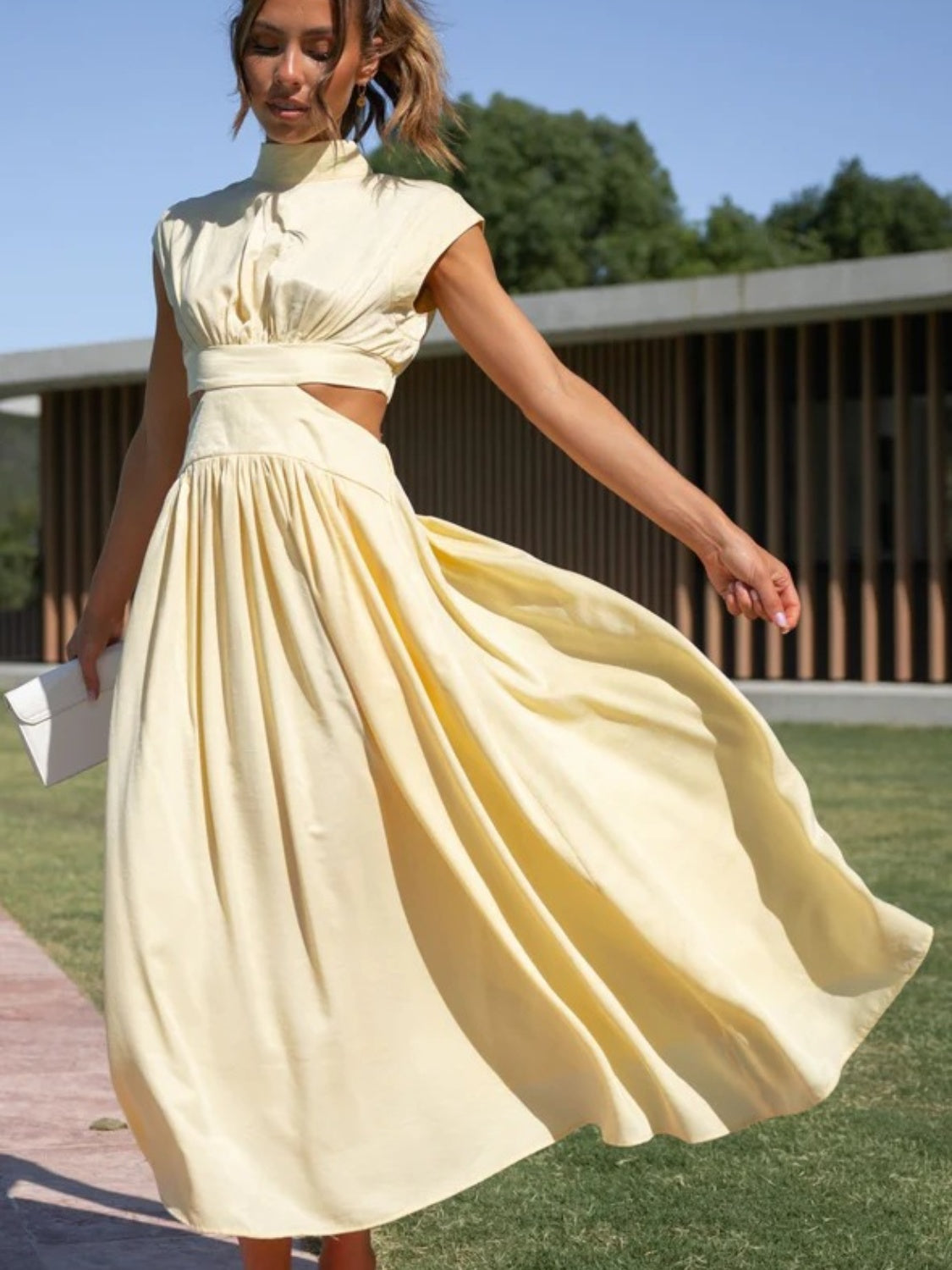 Cutout Mock Neck Sleeveless Ruched Dress-VMA Specialties Boutique