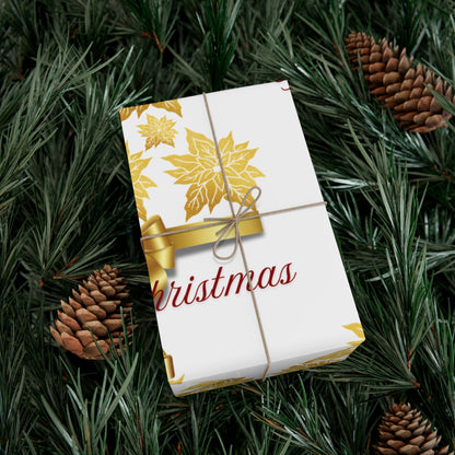 Wrapping Papers - Festive Golden Poinsettia Flowers Merry Christmas Gift Wrap Roll, Elegant White Gold Ribbon Accents,
