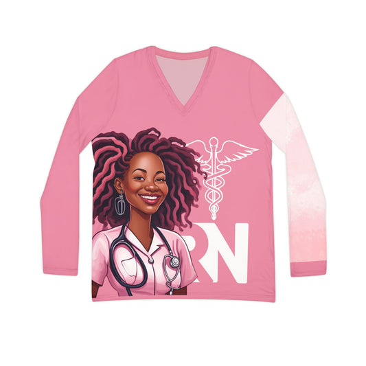 RN Women's Long Sleeve V-neck Shirt (AOP)