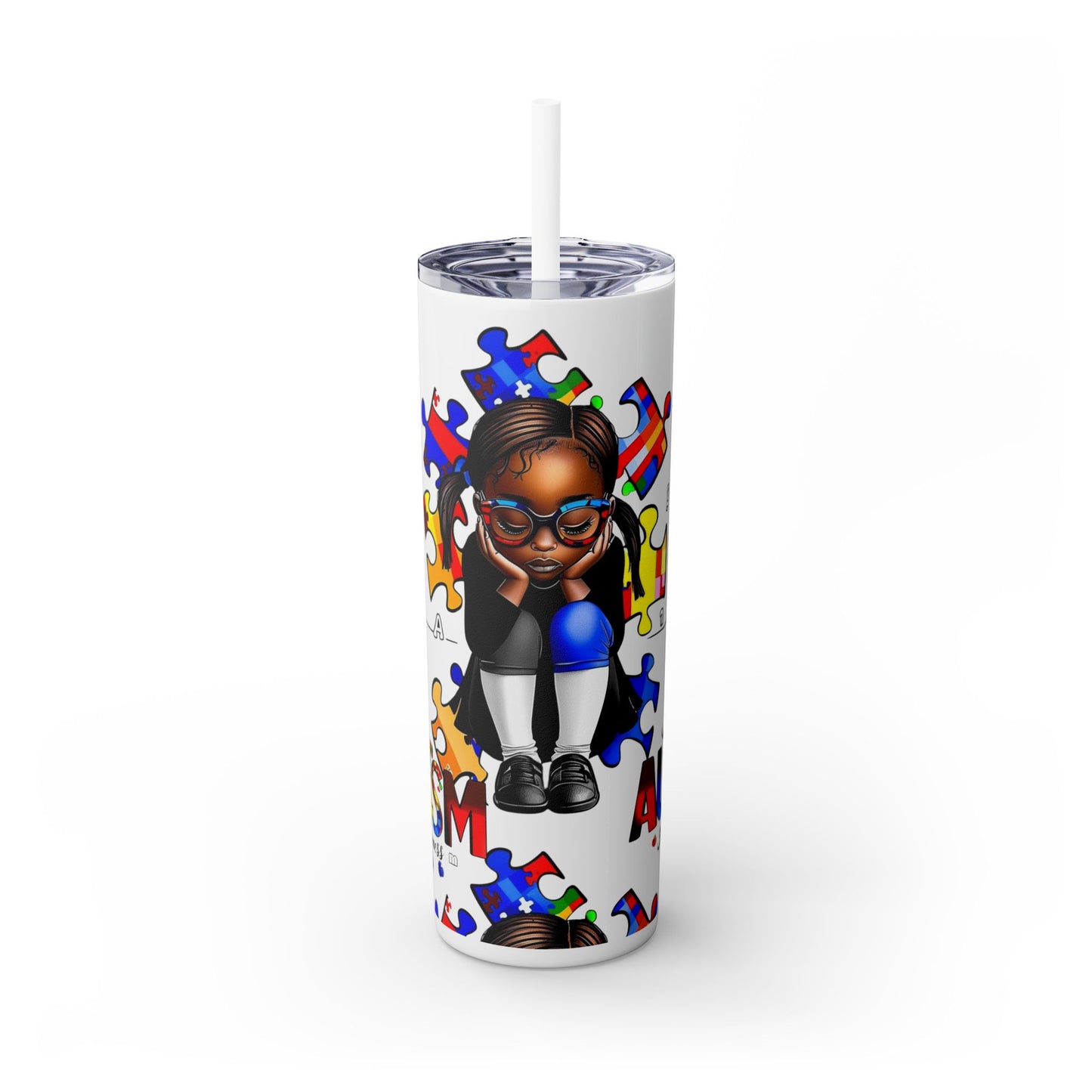 Skinny Tumbler, Autism Awareness Tumbler, Puzzle Pieces Tumbler, Black Girl, Special Needs Gift, 20oz Cup with Straw