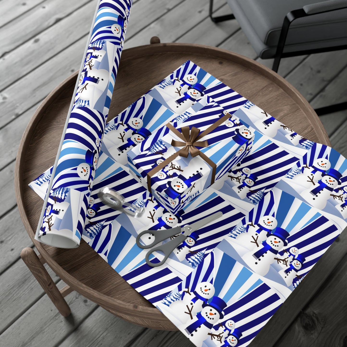 Wrapping Paper, Festive Snowman Holiday Gift Wrap, Winter Blue White Stripes, Christmas , Rustic Pine Branches, Cheerful