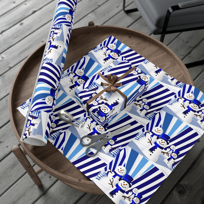 Wrapping Paper, Festive Snowman Holiday Gift Wrap, Winter Blue White Stripes, Christmas , Rustic Pine Branches, Cheerful