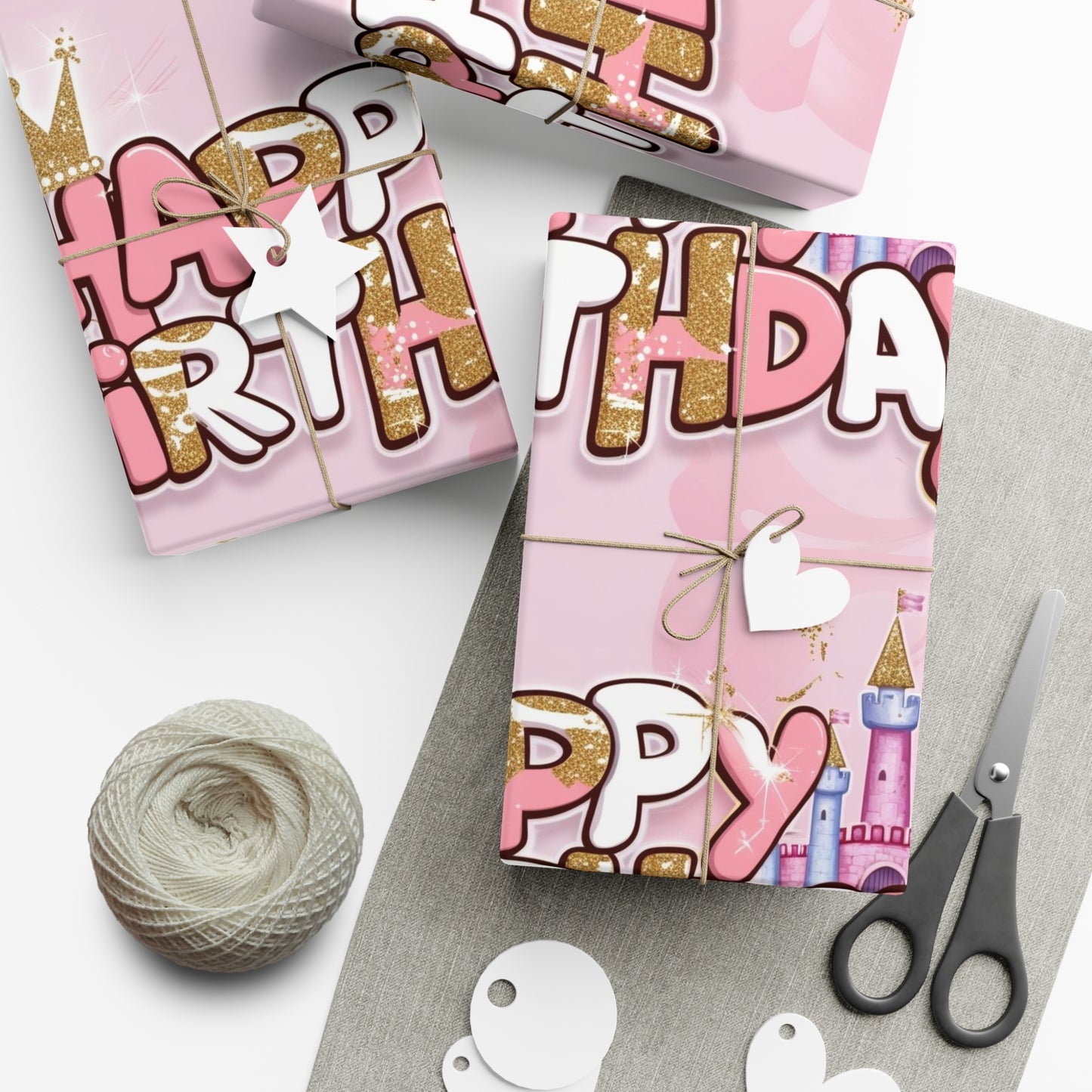 Gift Wrap Papers, Princess-Themed Happy Birthday Wrapping Paper, Pink and Gold Design, Glitter Effect, Castle Illustrations,