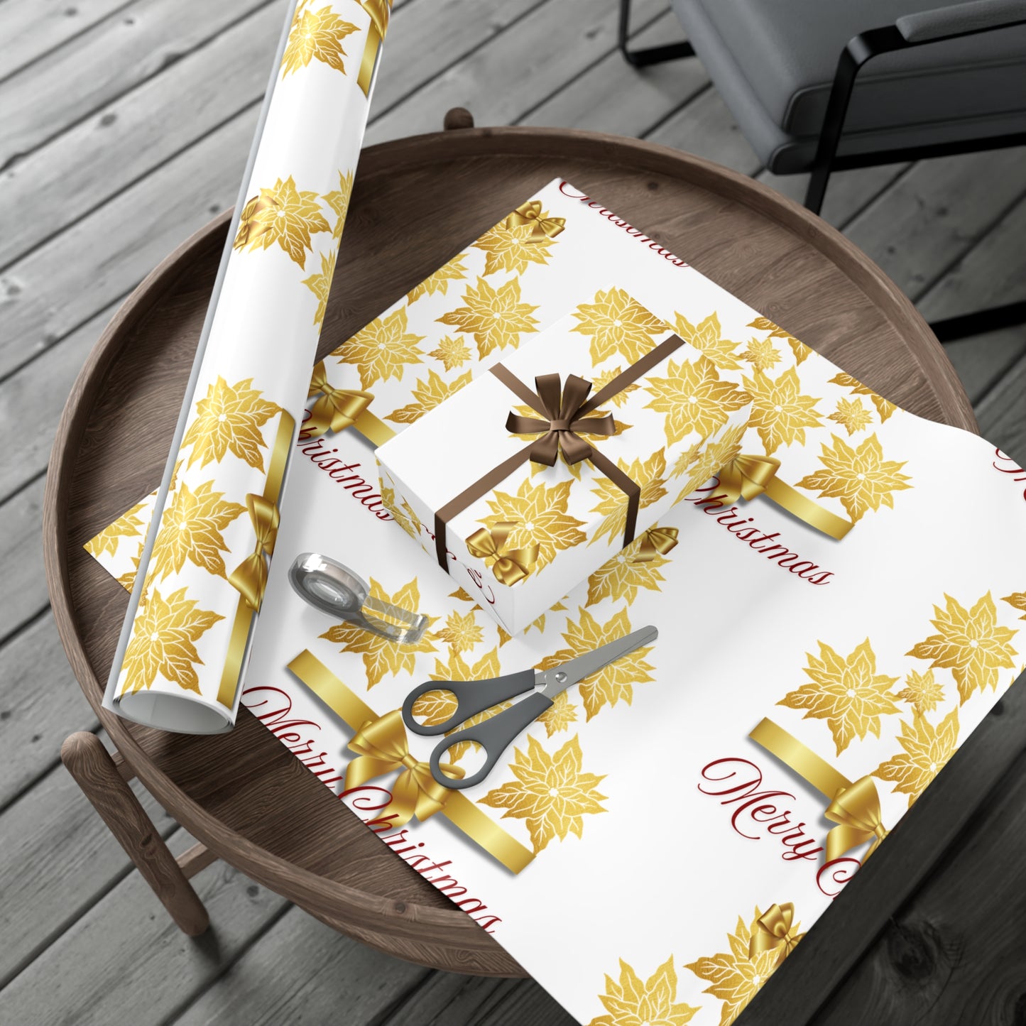 Wrapping Papers - Festive Golden Poinsettia Flowers Merry Christmas Gift Wrap Roll, Elegant White Gold Ribbon Accents,