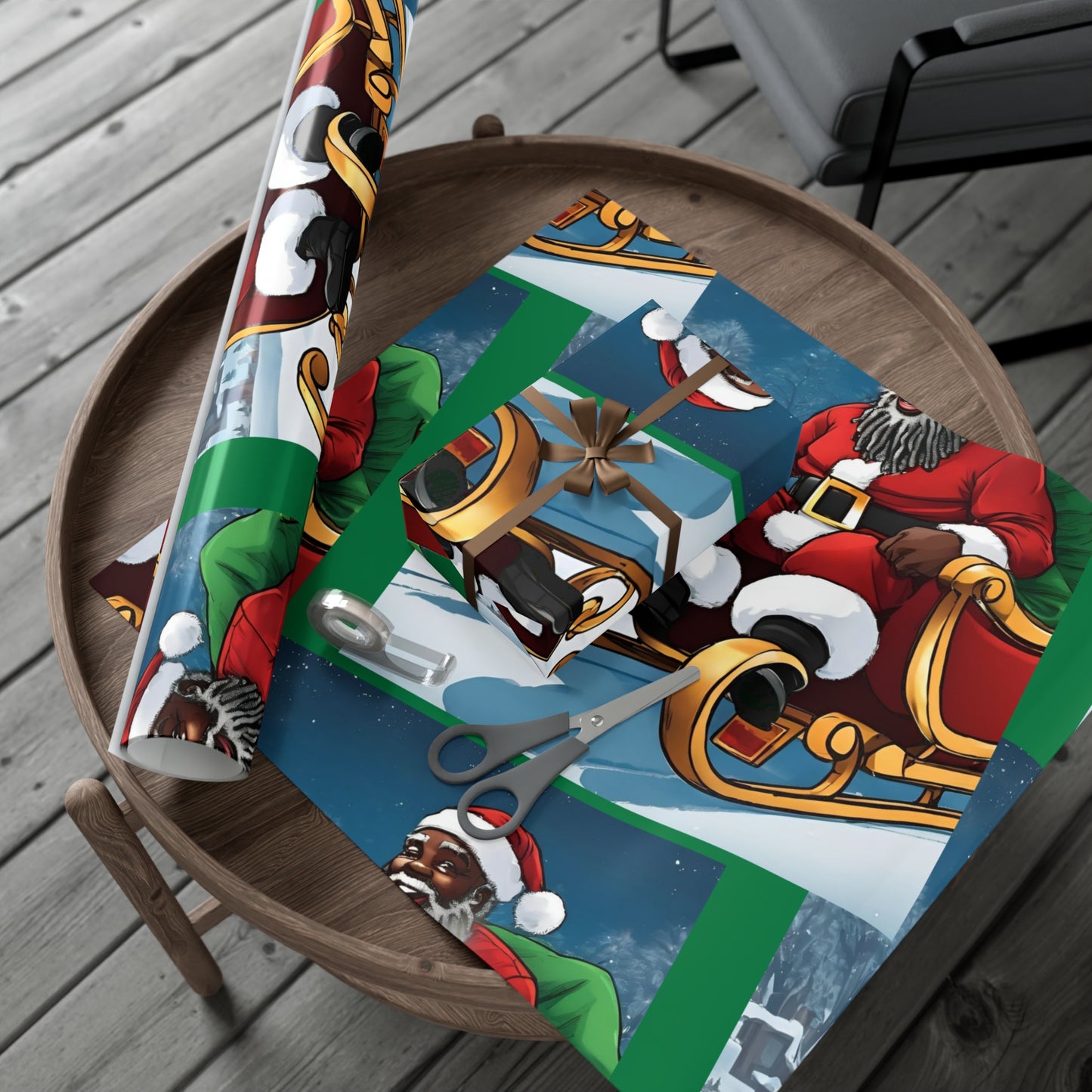 Gift Wrap-African American Inspired Santa on Sleigh