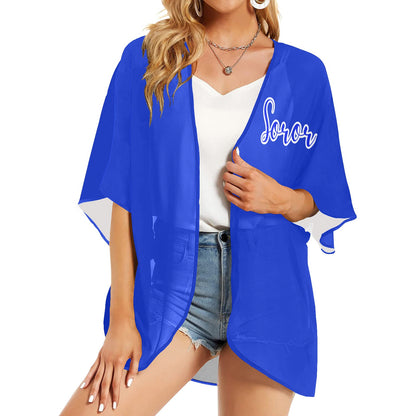 Women's Kimono Chiffon Cover Up- Royal Blue and White