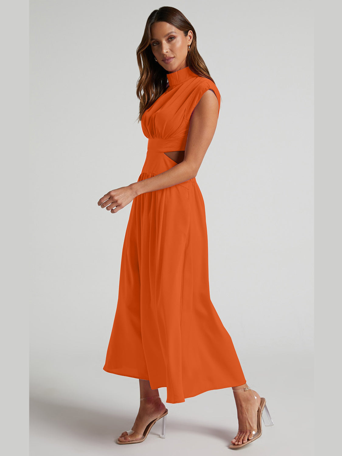 Cutout Mock Neck Sleeveless Ruched Dress-VMA Specialties Boutique