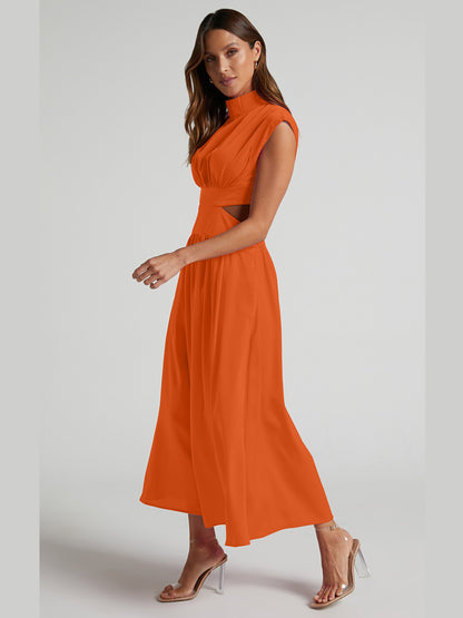 Cutout Mock Neck Sleeveless Ruched Dress-VMA Specialties Boutique