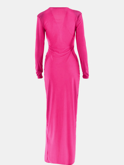 Ruched Slit Plunge Long Sleeve Dress-VMA Specialties Boutique