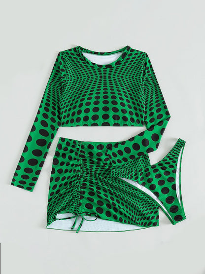Polka Dot Long Sleeve Three-Piece Swim Set-VMA Specialties Boutique
