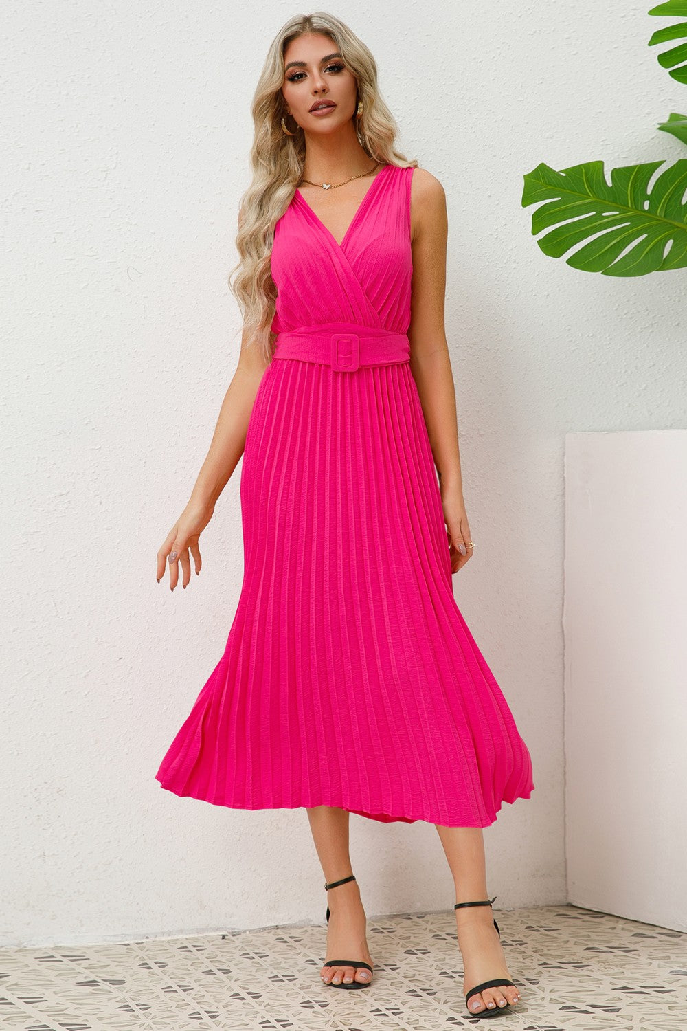 Surplice Sleeveless Midi Pleated Dress-VMA Specialties Boutique