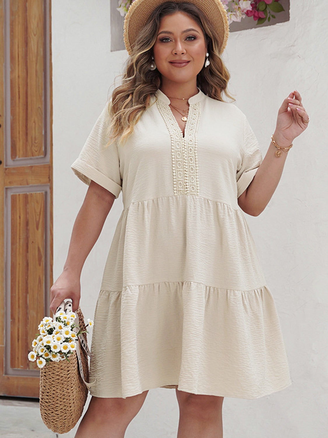 Plus Size Lace Detail Notched Short Sleeve Dress-VMA Specialties Boutique