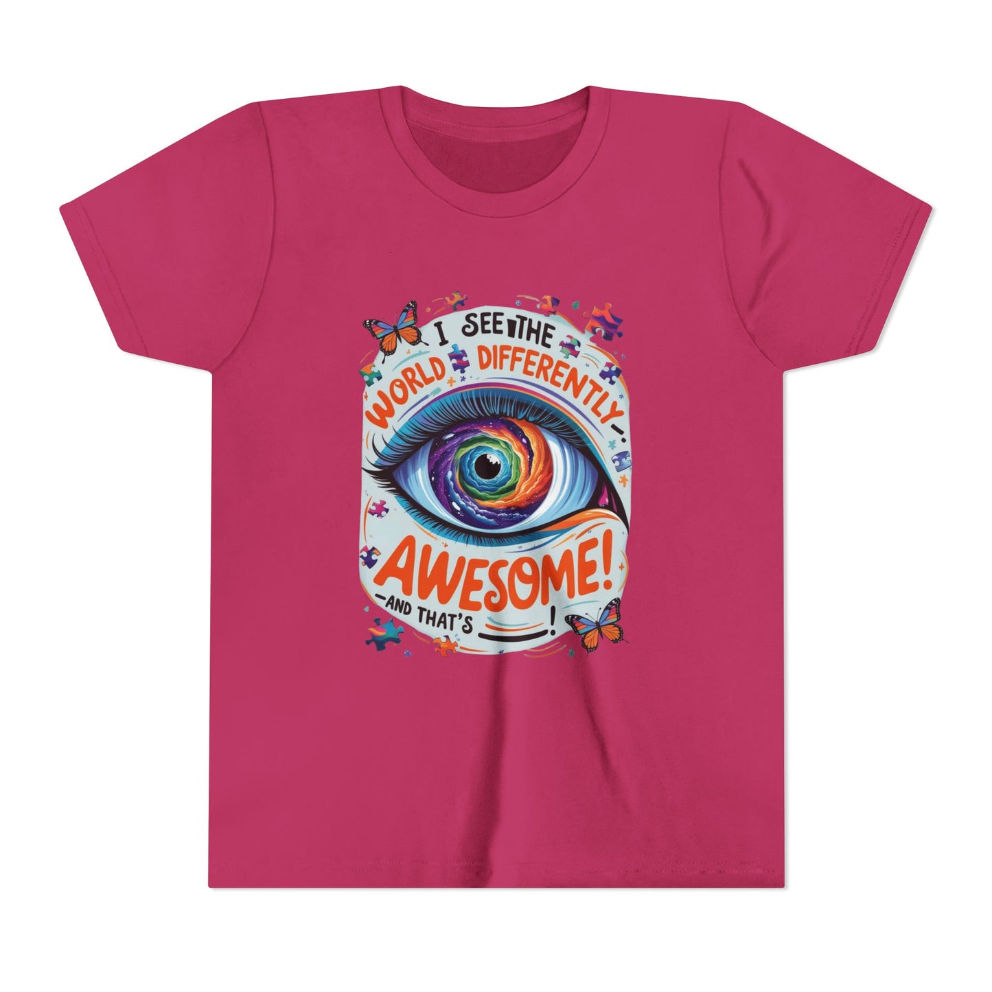 Autism Awareness Youth Tee, Eye Galaxy, Puzzle Pieces, Butterflies, Neurodiversity Shirt, Unique Perspective Clothing