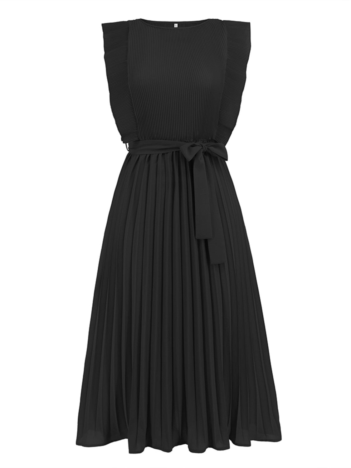 Tied Round Neck Pleated Midi Dress-VMA Specialties Boutique