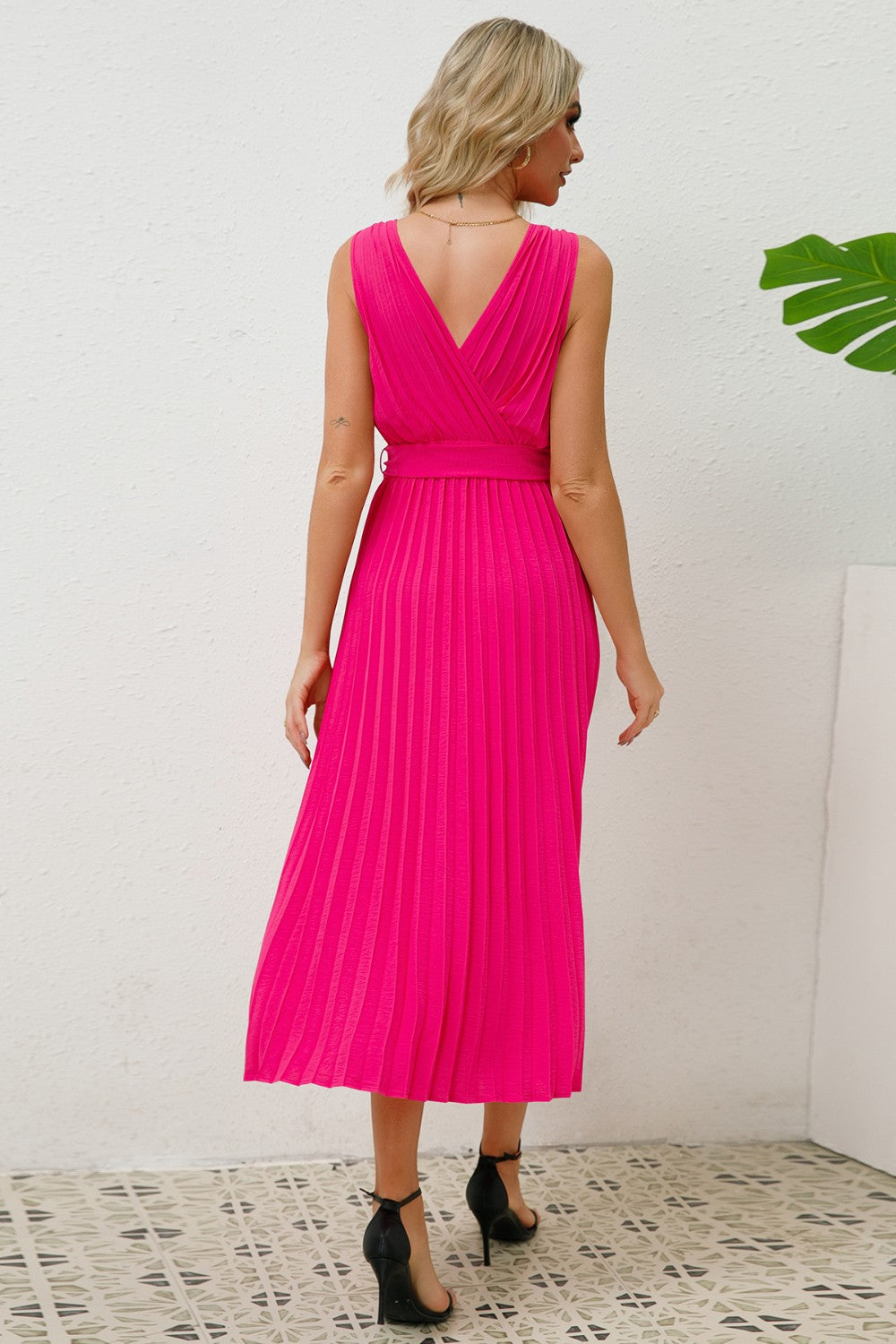 Surplice Sleeveless Midi Pleated Dress-VMA Specialties Boutique