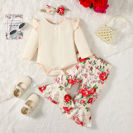 Ruffled Round Neck Bodysuit and Printed Pants Set-VMA Specialties Boutique