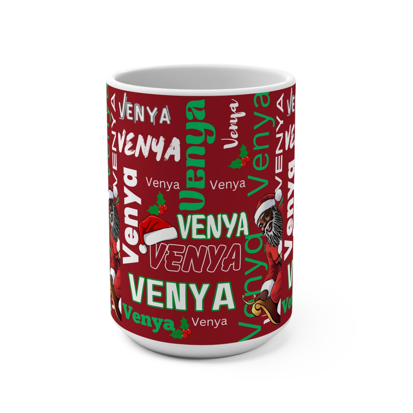 Red Writing Wall Mug, Black Santa Knows My Name, Your Name, 15oz Cup for Holidays, Christmas Gift, Personalized