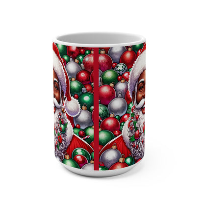 Mug 15oz - African American Santa Deck the Halls with Colorful Ornament Design