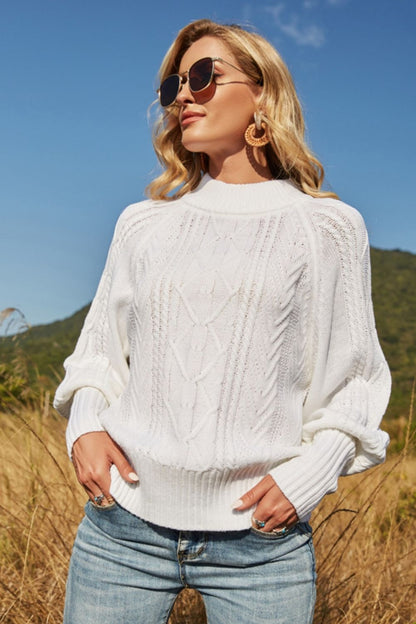 Ribbed Mock Neck Lantern Sleeve Sweater-VMA Specialties Boutique