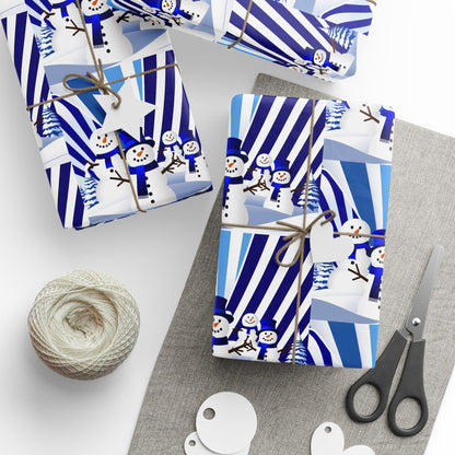 Wrapping Paper, Festive Snowman Holiday Gift Wrap, Winter Blue White Stripes, Christmas Present Packaging, Rustic Pine Branches, Cheerful
