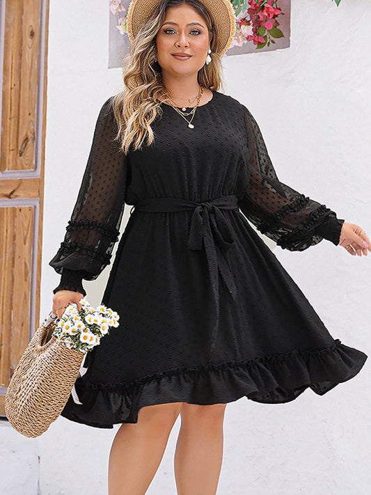 Swiss Dot Round Neck Long Sleeve Dress-VMA Specialties Boutique