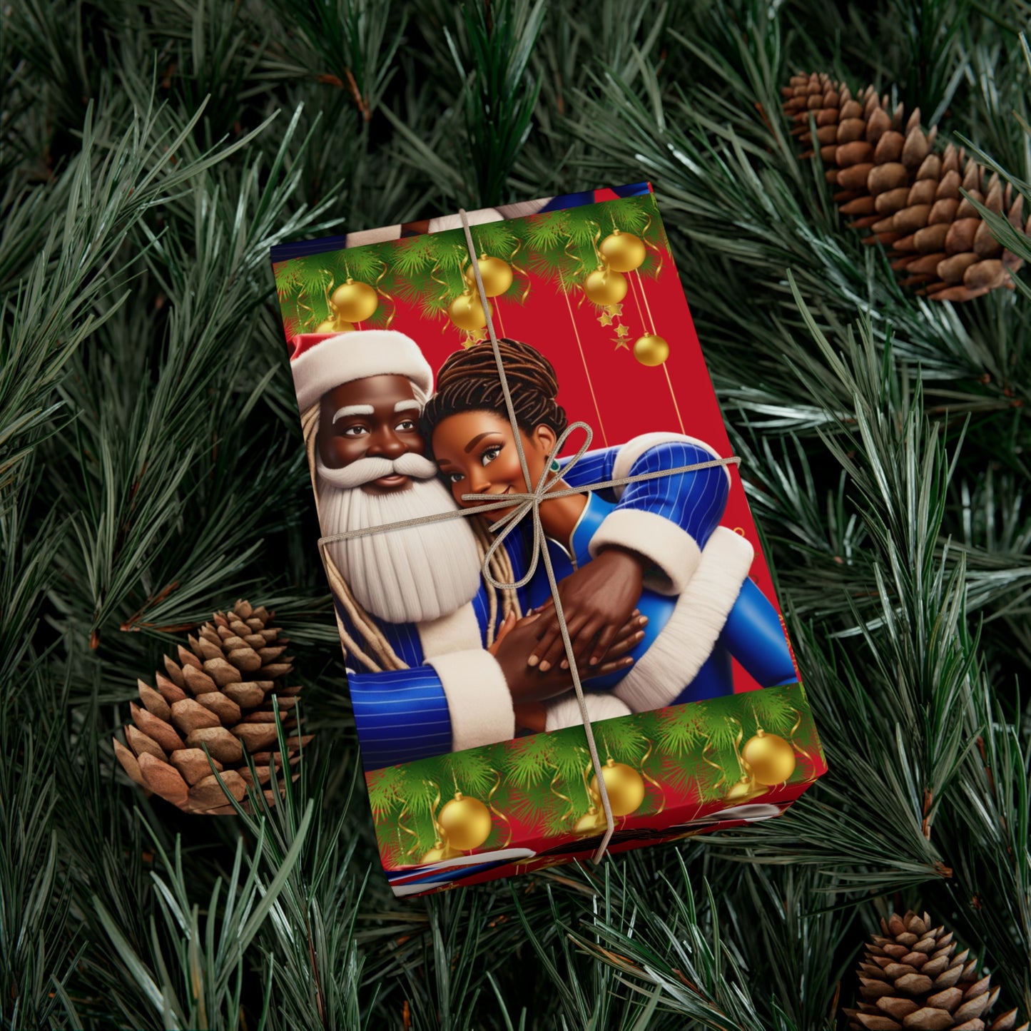 Wrapping Paper Black Santa and Mrs Hint of Ble