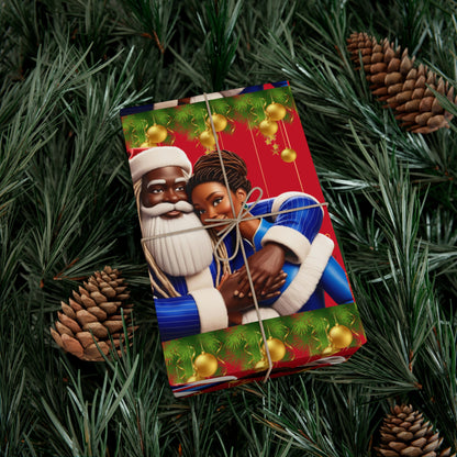 Wrapping Paper Black Santa and Mrs Hint of Ble