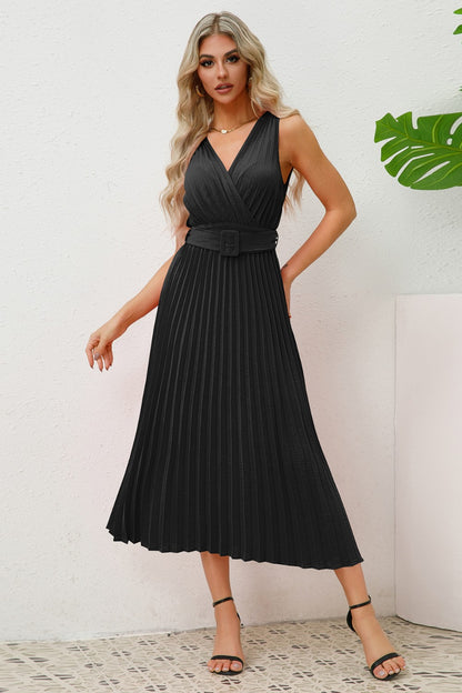 Surplice Sleeveless Midi Pleated Dress-VMA Specialties Boutique