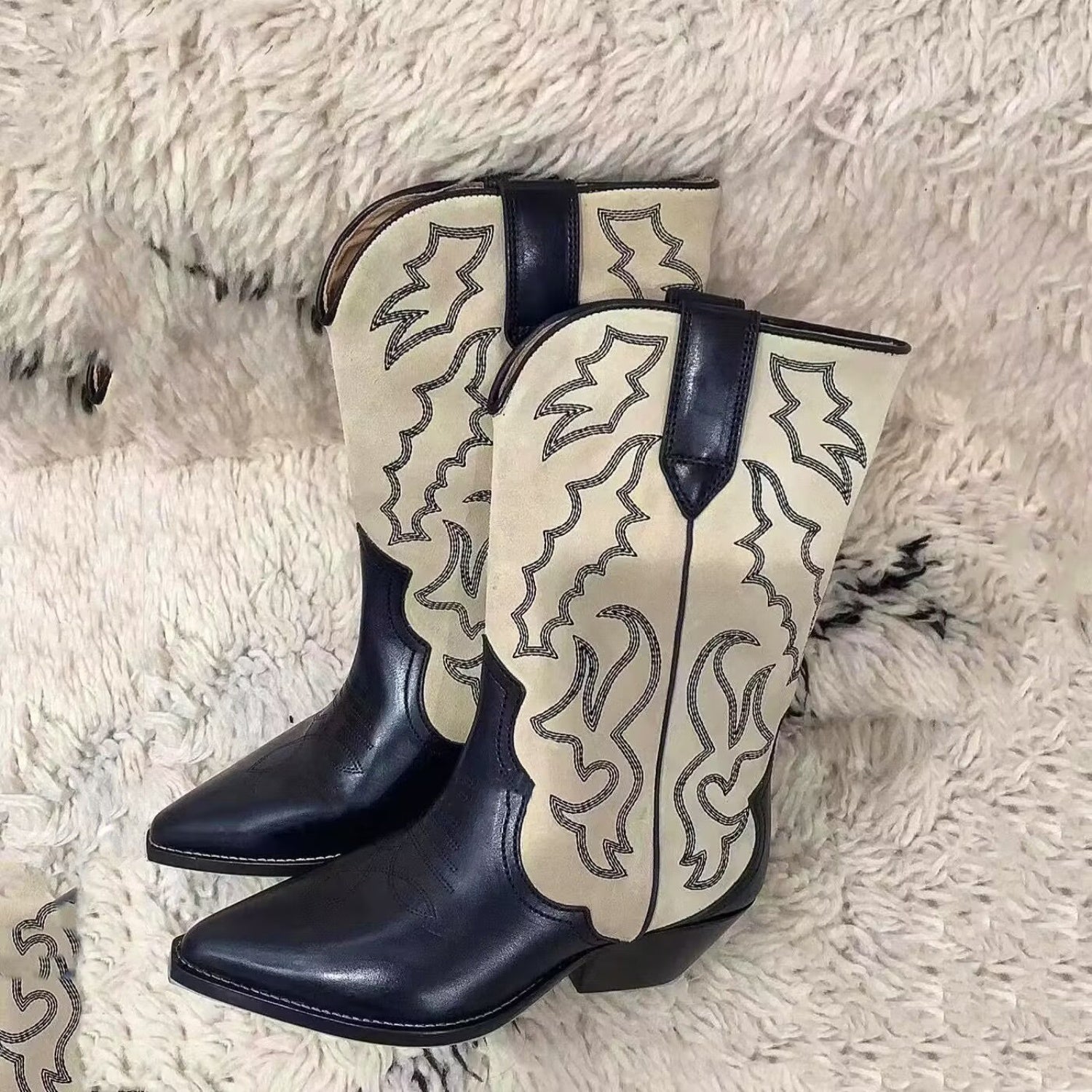 Embroidered Stitch Block Heel Cowboy Boots-VMA Specialties Boutique