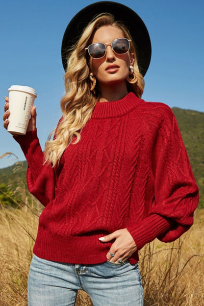 Ribbed Mock Neck Lantern Sleeve Sweater-VMA Specialties Boutique