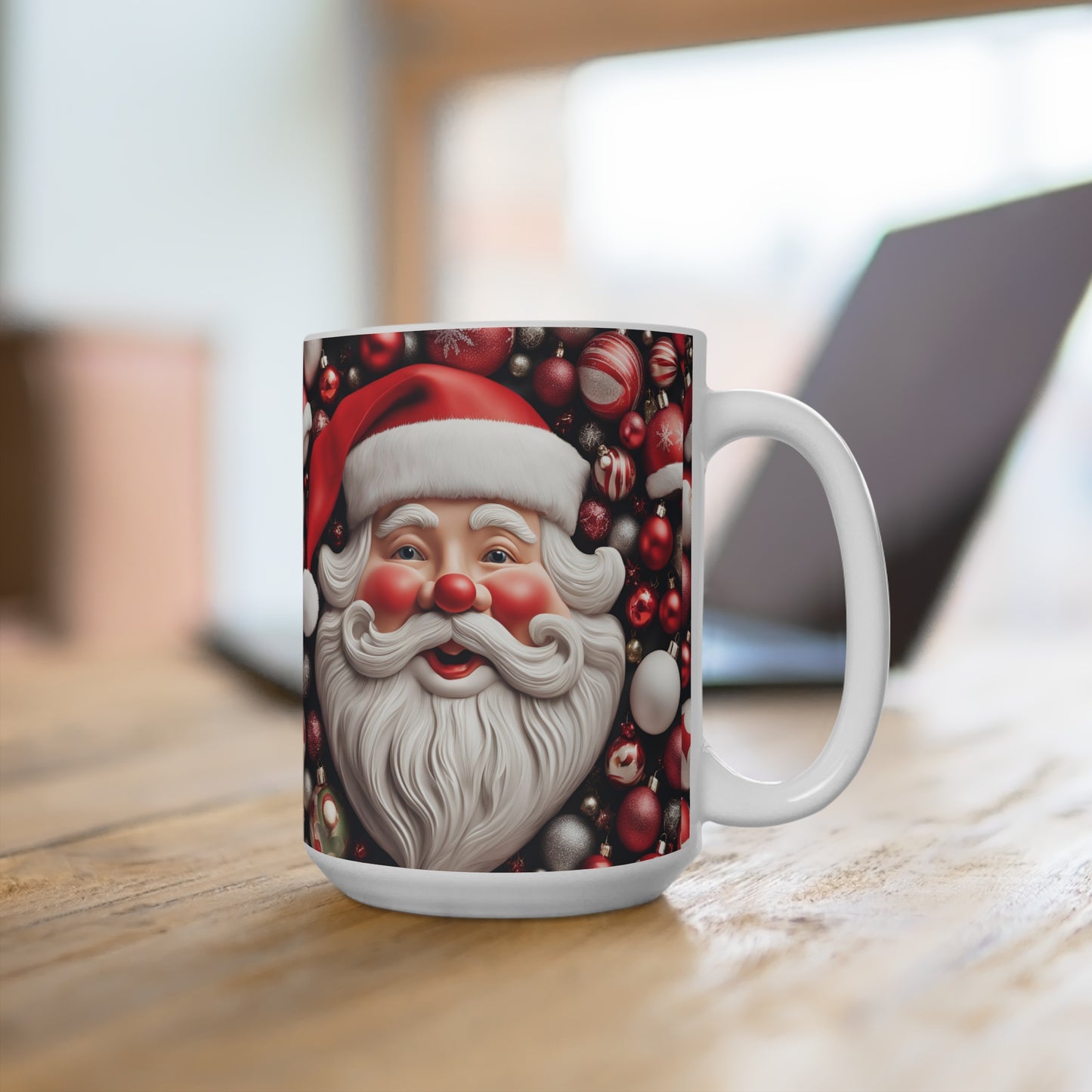 Mug 15oz - Santa Deck the Halls with Colorful Ornament Design
