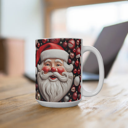 Mug 15oz - Santa Deck the Halls with Colorful Ornament Design