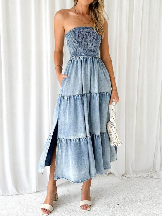 Slit Smocked Tube Tiered Denim Dress-VMA Specialties Boutique