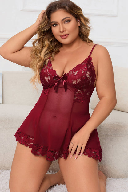 Plus Size Lace Detail Spaghetti Strap Lounge Dress-VMA Specialties Boutique