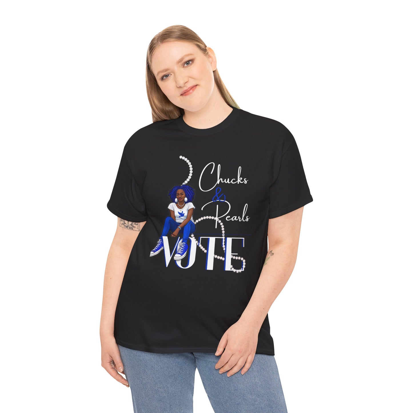 Unisex Heavy Cotton Tee - Chucks & Pearls Royal Blue and White Zeta Inspired Rock the Vote Shirt