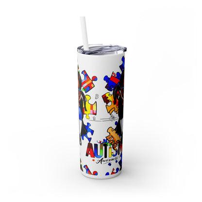 Skinny Tumbler, Autism Awareness Tumbler, Puzzle Pieces Tumbler, Black Girl, Special Needs Gift, 20oz Cup with Straw