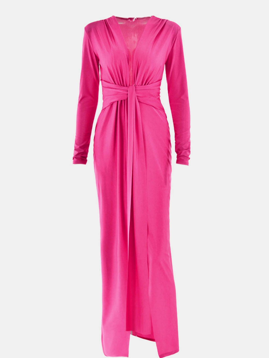 Ruched Slit Plunge Long Sleeve Dress-VMA Specialties Boutique