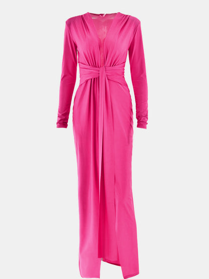 Ruched Slit Plunge Long Sleeve Dress-VMA Specialties Boutique