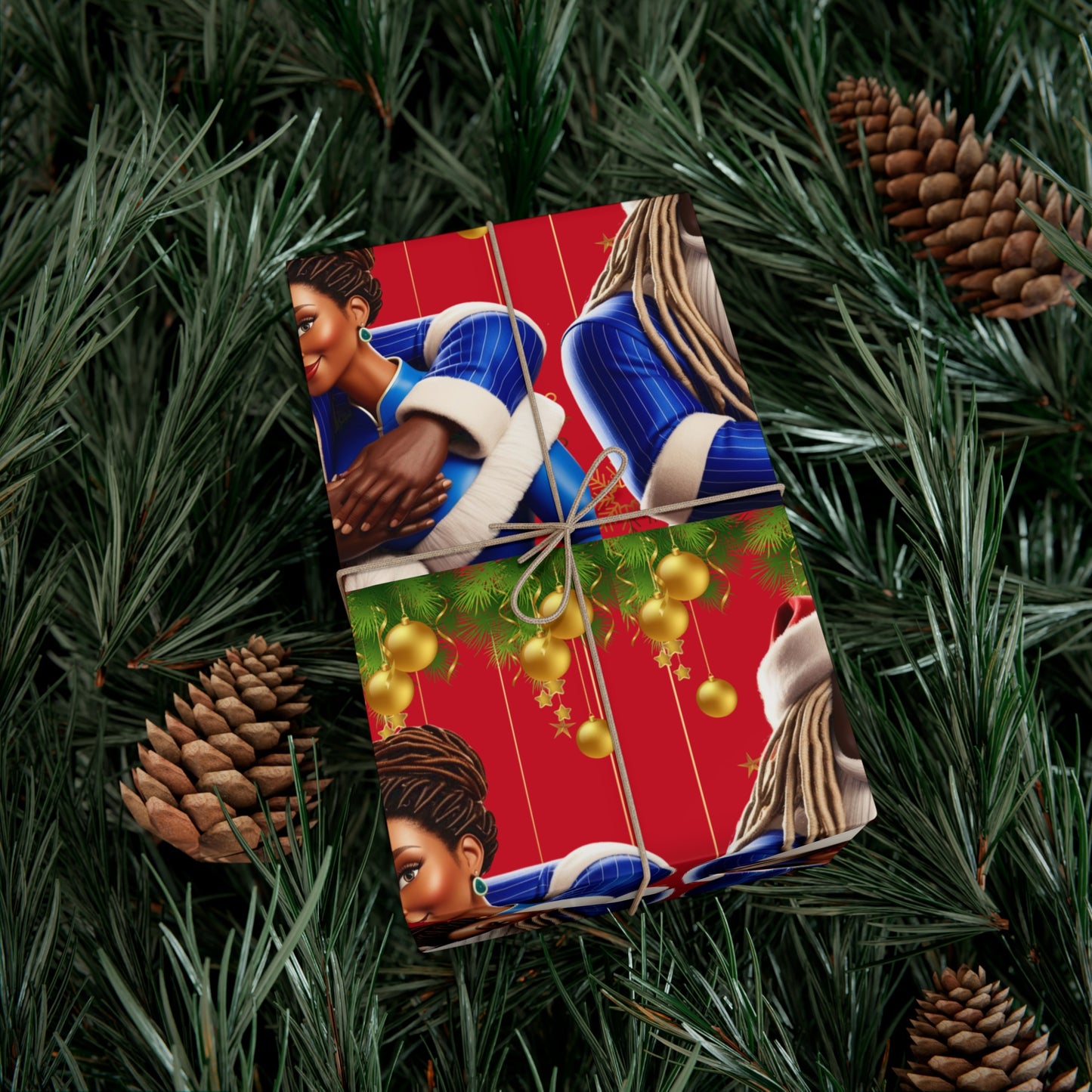 Wrapping Paper Black Santa and Mrs Hint of Ble
