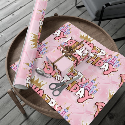 Gift Wrap Papers, Princess-Themed Happy Birthday Wrapping Paper, Pink and Gold Design, Glitter Effect, Castle Illustrations,